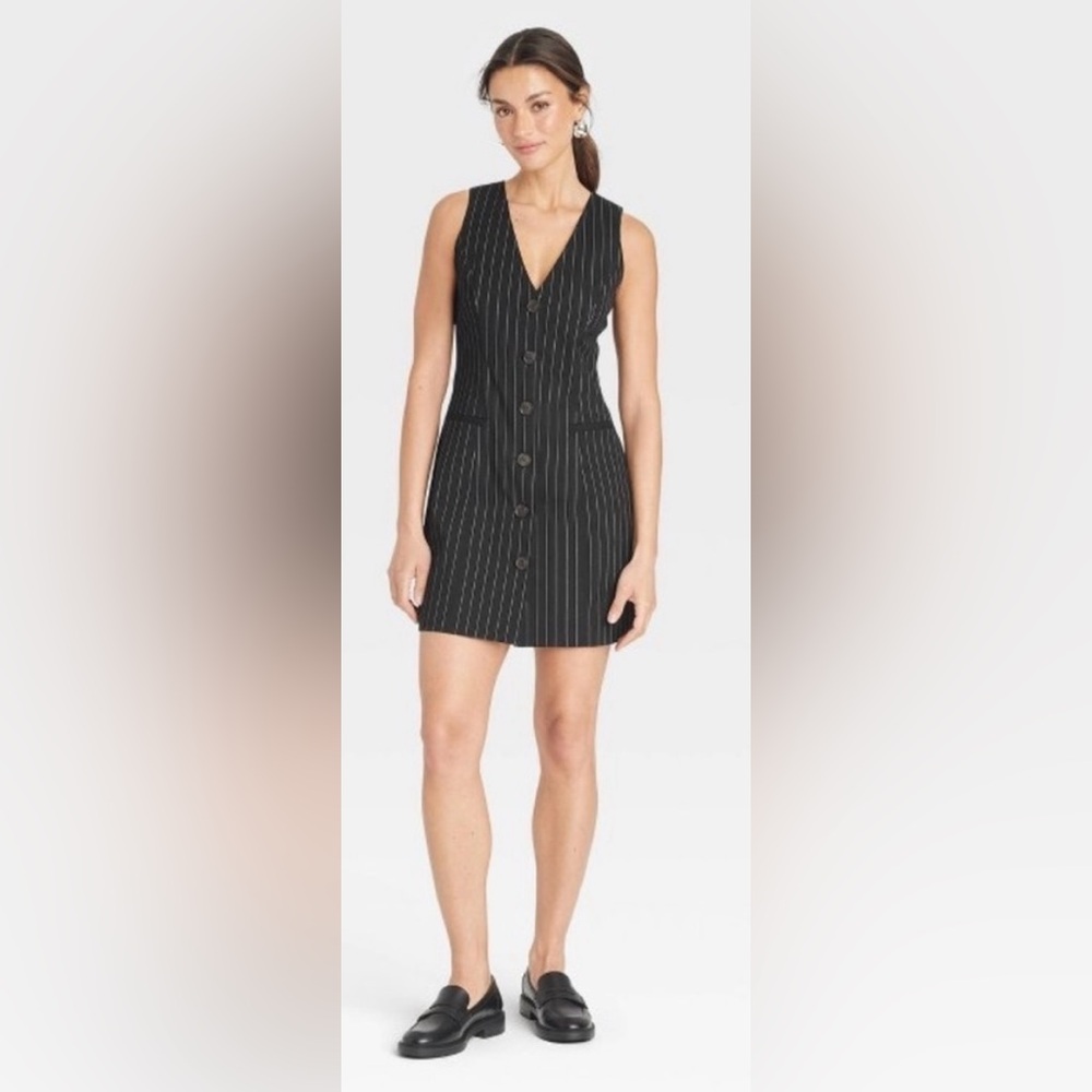 a new day Black Pinstripe Button-Front Mini Dress